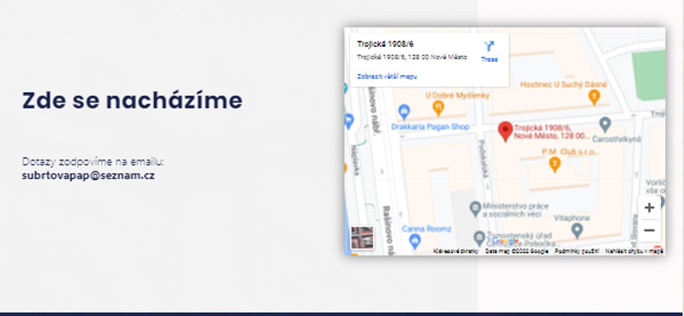 Sekce Zde se nacházíme — mapa a kontakt