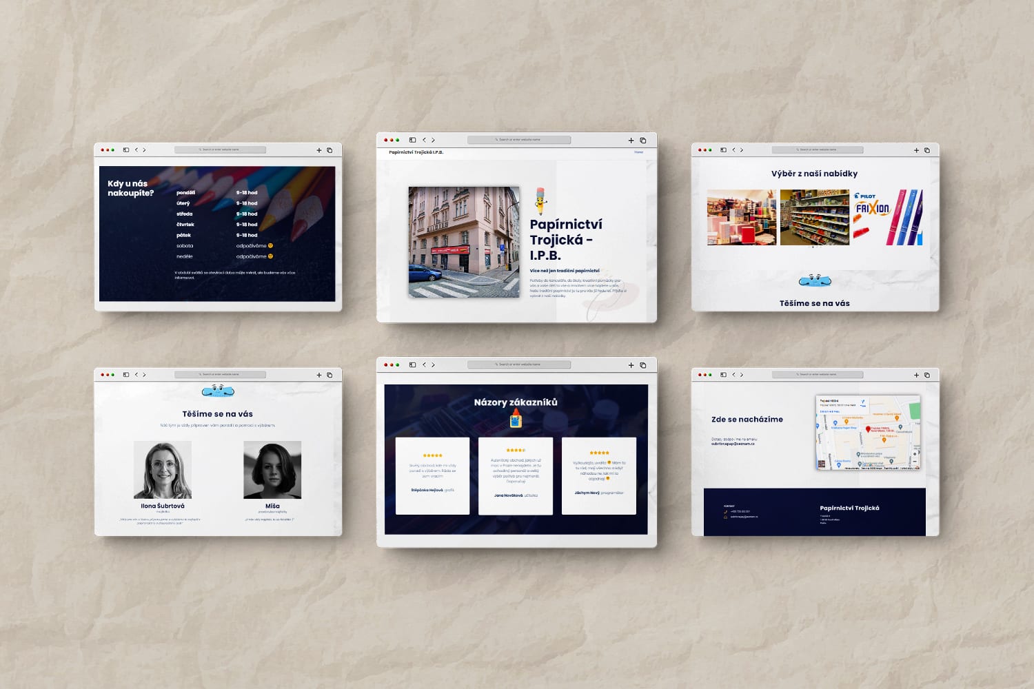 Šest obrazovek webu v rámech prohlížeče — otevírací doba, úvod, nabídka, lidé, recenze, mapa
